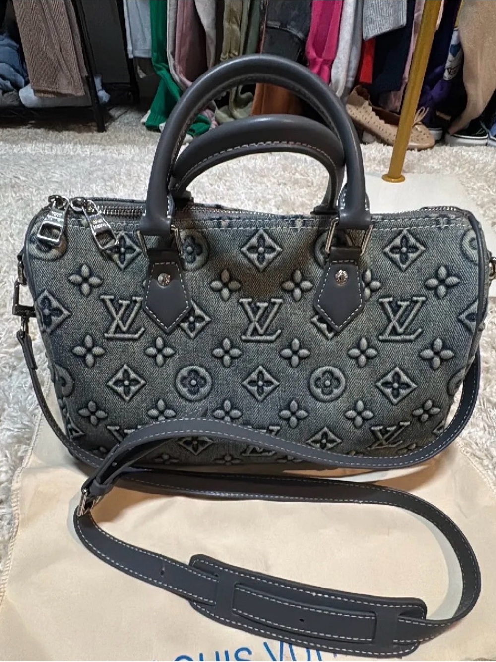 Designer-Inspired Gray Monogram Satchel with Detachable Strap